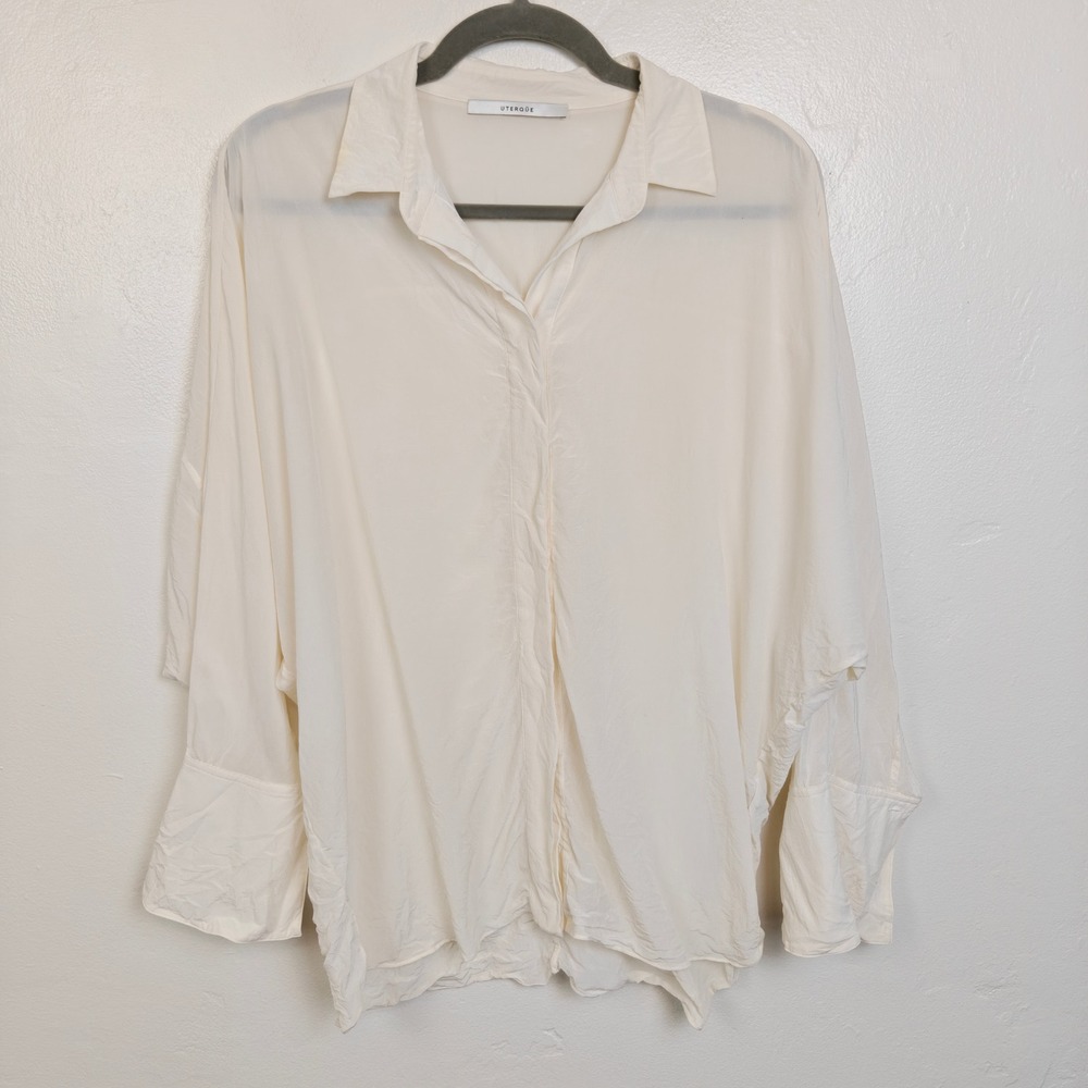 Uterque Women Top Small Cream Oversized Silk Button Down Minimalist Quiet Luxury